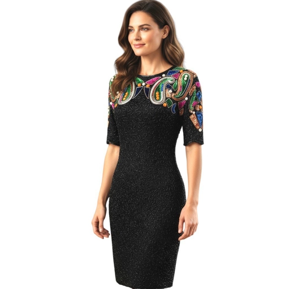 Stenay Women Black Beaded Sequin Paisley‎ Party Cocktail Dress Silk Vintage